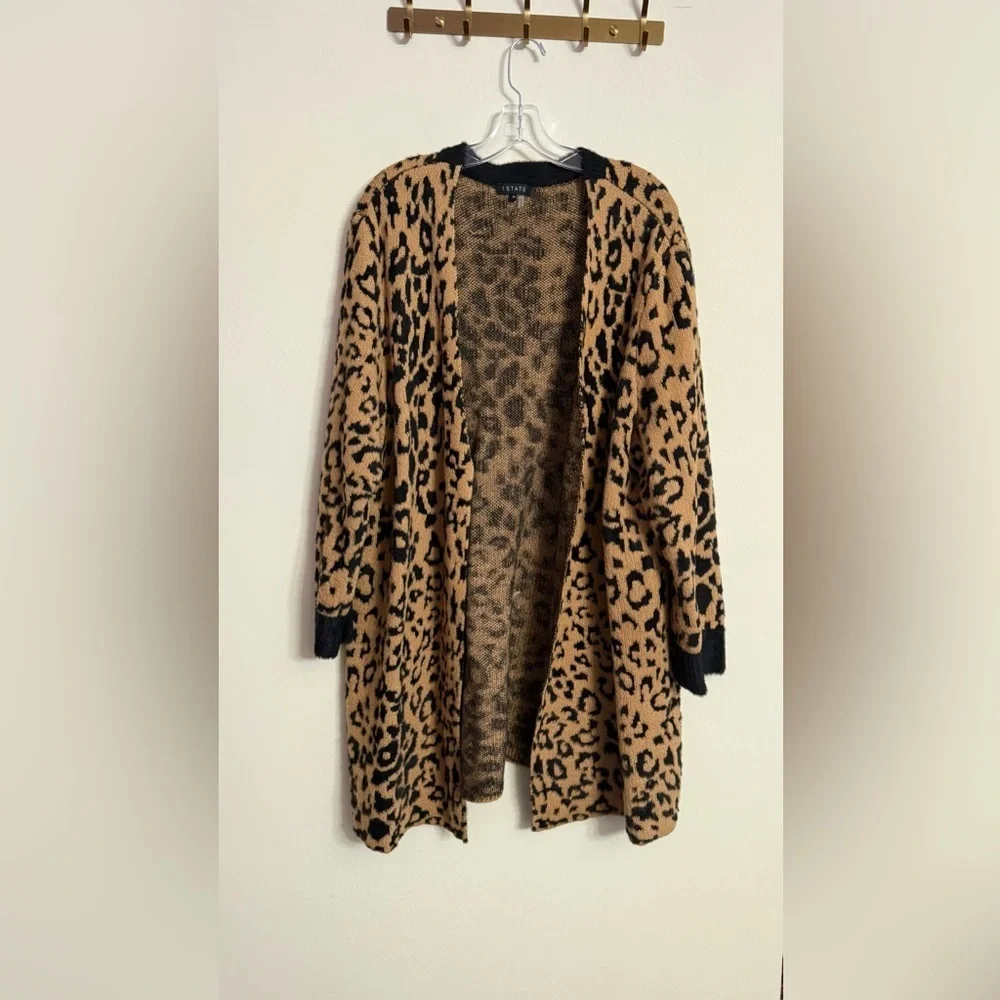 1.STATE Animal-Print Tan Black Cheetah Cardigan Sweater Plus Sz 3X - Picture 1 of 4